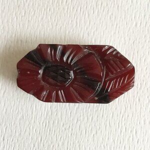 Vintage Bakelite Maroon & Black Marbled Carved Floral Octagonal Bolo Bead